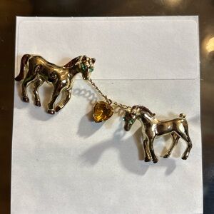 Gold Horse Brooch with Heart Charm
